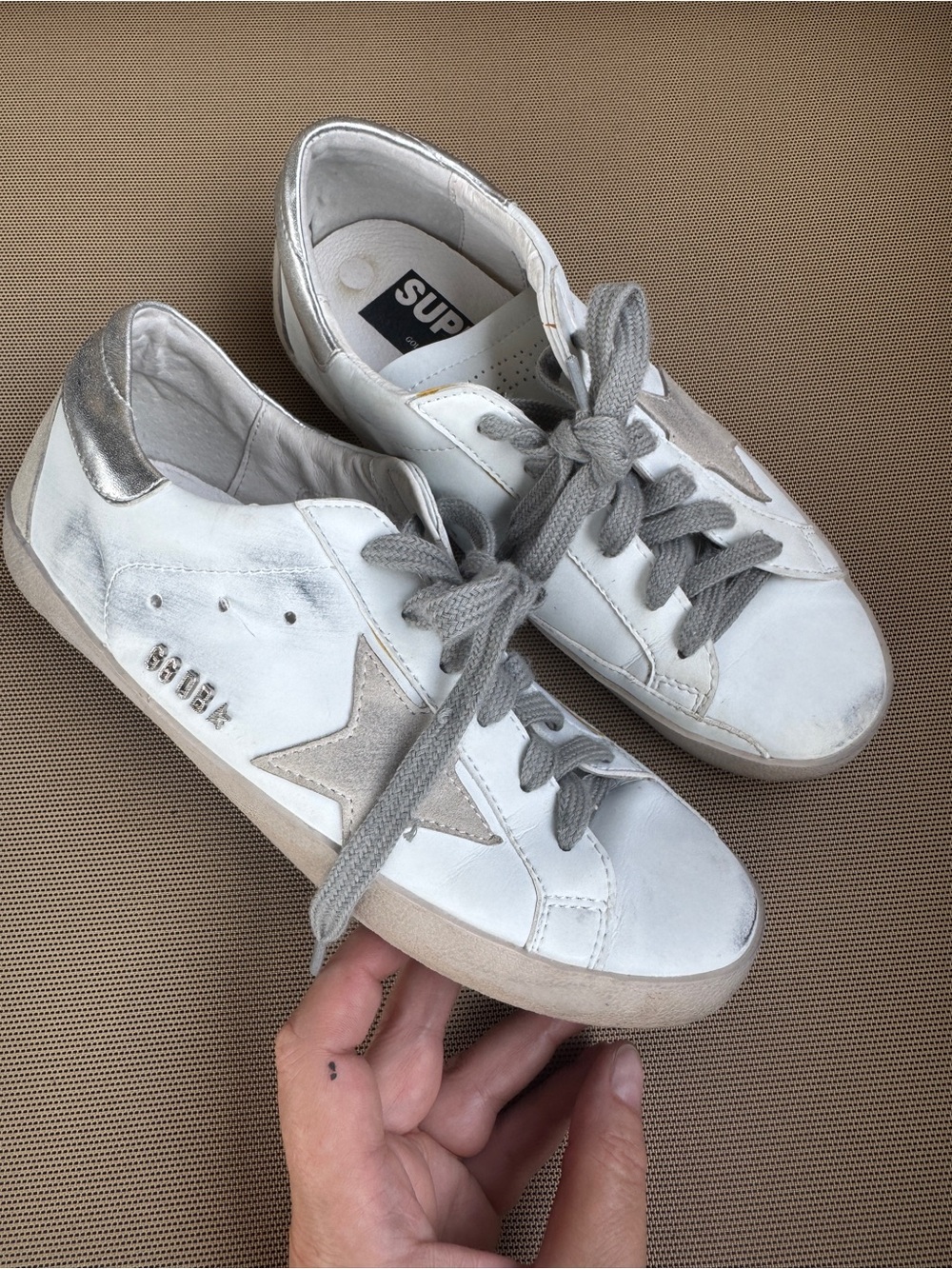 Designer Inspired Distressed Star Sneakers White Silver Lace Up Shoes Women’s  8